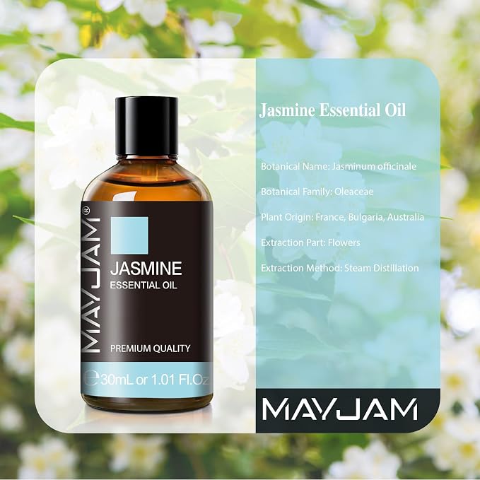MAYJAM Jasmine Essential Oil for Diffuser, Jasmine Oil for Skin, 1.01fl.oz | Long Lasting Scents, Essential Oils for Soap Candle Making, Ideal for Home Yoga Use