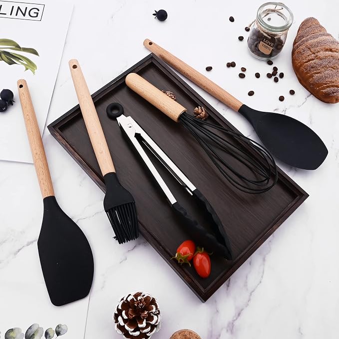 1pcs Black Silicone Spatula Set, Heat Resistant Baking Spoon, Nonstick Rubber Scraper Spatula Spoon Set with Wooden Handle for Baking Cooking Mixing