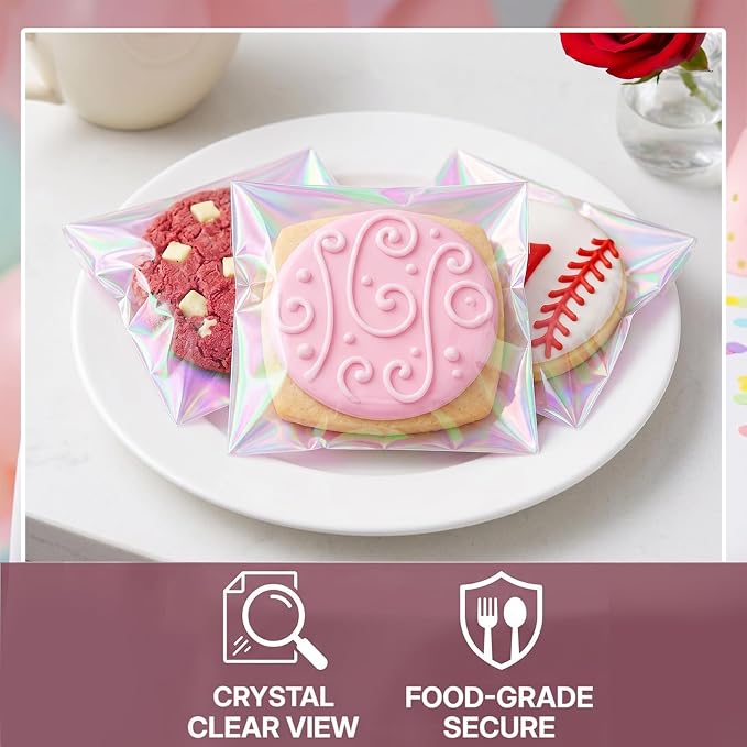 200Pcs Iridescent Cookie Bags Self Sealing Cellophane Treat Bags | Clear Resealable Adhesive Plastic Bags for Cookies, Candy, Party Favors, Gift Packaging (4x4 Inches)