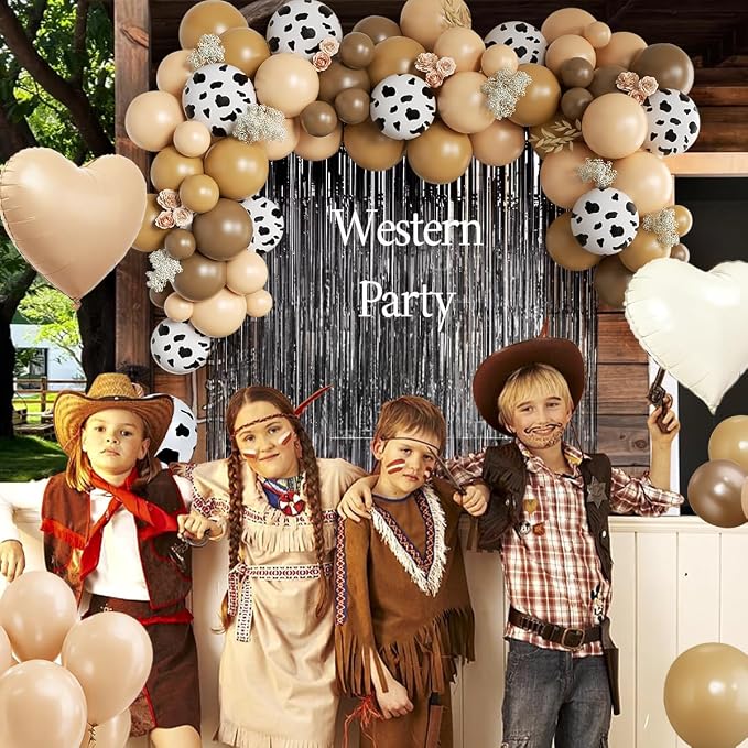 Western Cowboy Balloon Garland Arch Kit with Black Fringe Curtain for Boy First Rodeo Rustic Farmhouse Wedding Birthday Neutral Tone Baby Shower Farm Fiesta Party Decorations