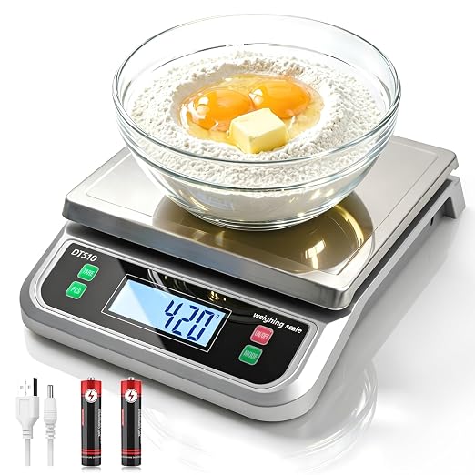88lb/40kg Food Scale with 6 Unit Stainless Steel Commercial Kitchen Scale, with Full View LCD Display Large Kitchen Scale with Tare and Pcs Funtion for Baking, Cooking, Flour, Fruits Silver