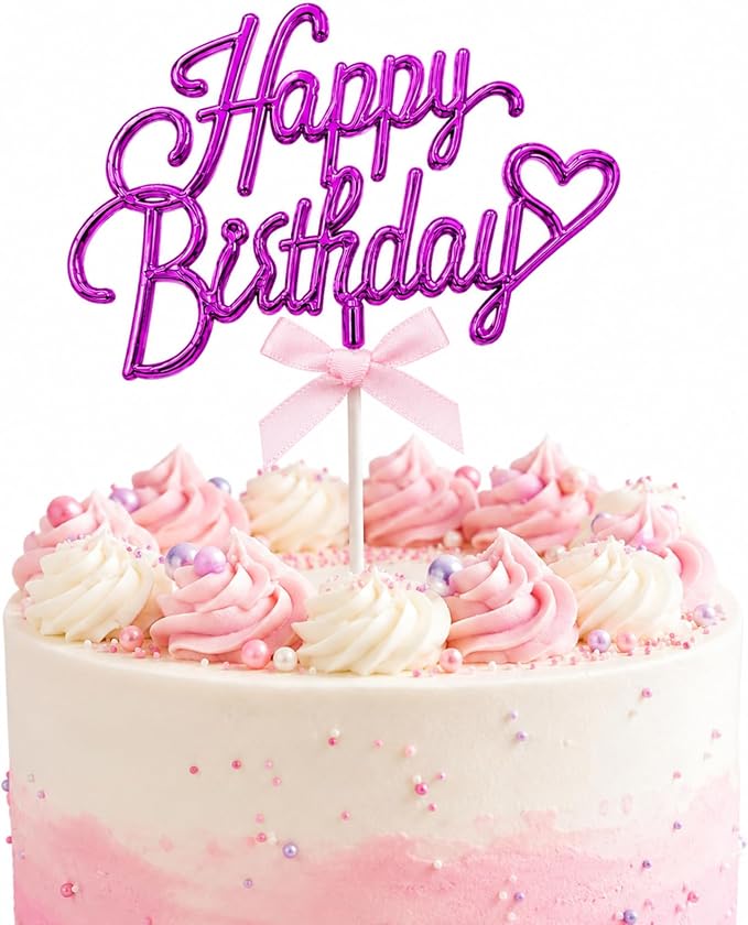 Purple Acrylic Happy Birthday Cake Topper with Heart and Bow | Glossy purple acrylic script with heart and bow adds an elegant finishing touch to birthday cakes and celebration desserts.