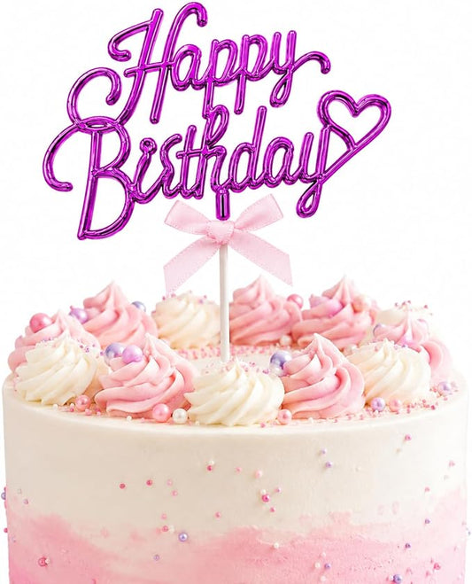 Purple Acrylic Happy Birthday Cake Topper with Heart and Bow | Glossy purple acrylic script with heart and bow adds an elegant finishing touch to birthday cakes and celebration desserts.