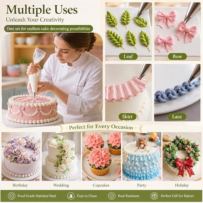 5 Pcs Leaf Piping Tips Set, Stainless Steel Cake Decorating Tips for Buttercream, Frosting Icing Nozzles for Cupcakes, Cookies, Cakes – Includes 67, 68, 70, 352, 113 – Dishwasher Safe