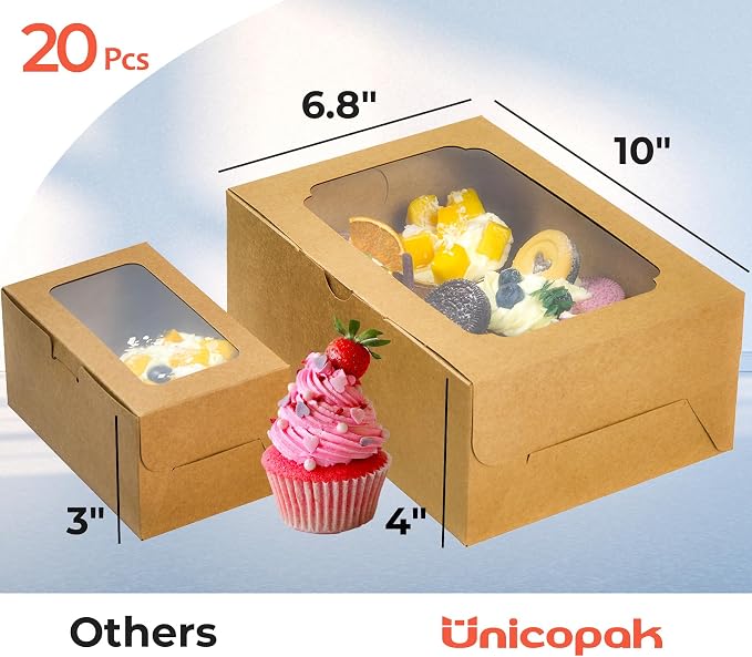 UnicoPak 20 Pack Brown Cupcake Boxes with Handle Tray - 4" Tall Large Muffin Boxes for 6 Cupcakes - Professional Food-Grade Cardboard Window Boxes for High Frosting, Toppers & Jumbo Treats