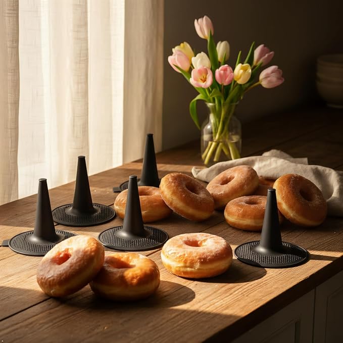 Silicone Donut Bagel Baking Mold Set, 6 Pack, 5.3 in Dia, Oven Use | Brown, perforated base, -22°F to 446°F, not for stovetop or open flame, before buying confirm pan and oven space