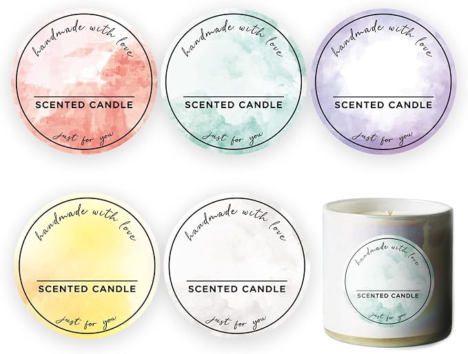 500pcs Preprinted Scented Candle Labels, 5 Watercolors Handmade with Love Stickers, Waterproof Candle Labels for Hand Making, Small Business Supplies, Candle Tins/Boxes Packaging/Container (2inch)