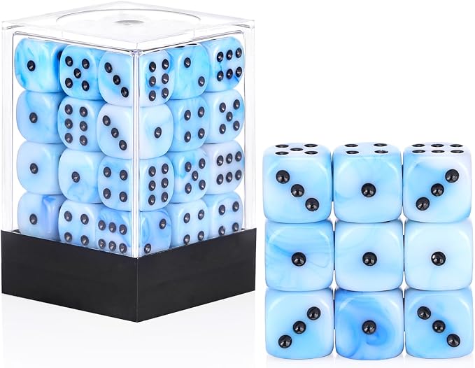 36 of Pack 12MM 6 Sided MINI Dice Set,Mixed Colours Swirls D6 Game Dice Set, 6 Sided Standard Dices for Yahtzee, Bunco or Teaching Math,with Portable Plastic Box(Blue White)