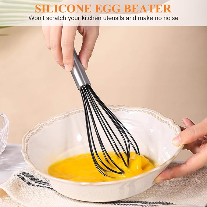 NileHome Whisk Commercial Whisks Stainless Steel & Silicone Non-Stick Coated Small Whisk Set 8" 10" 12" Kitchen Wisk Wire Whisks for Cooking 3 Pack, Black