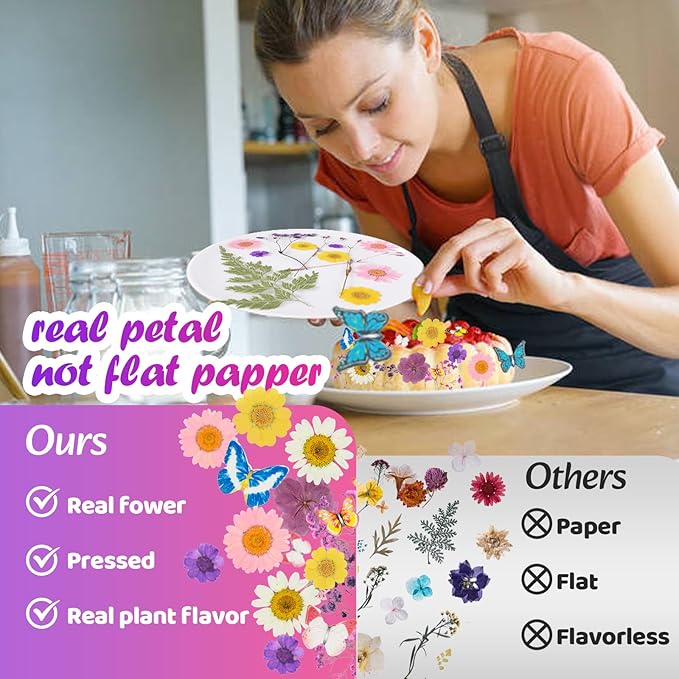 50 Pcs 10 Kinds Real Natural Edible Wildflower Cake Toppers & Edible Butterflies Wedding Cake Toppers, Edible Cake Decorations for Birthday, Cake Decorating Kit for Wedding,