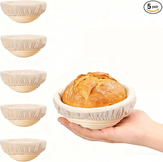 Banneton Bread Proofing Basket Set of 5, 5 Inch Mini Sourdough Bread Baking Supplies, Small Banneton Basket Proofing Baskets for Sourdough Bread Baking