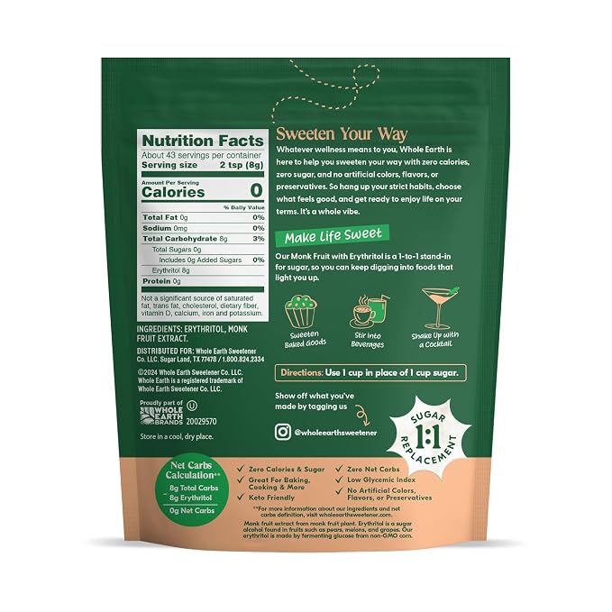 WHOLE EARTH Monk Fruit Sweetener with Erythritol, Plant-Based Sugar Alternative, 12 Ounce Pouch (Pack of 2)