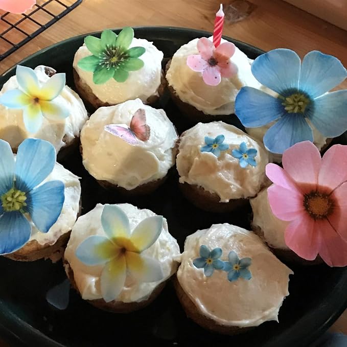 54x Wafer Edible Flowers Butterflies Cake Toppers Edible Decoration, Edible Flower Cupcake Toppers for Birthday, Wedding, Baby Shower, Spring Themed Party Baking Decorations
