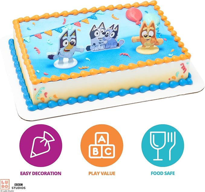 DecoSet® Bluey Dance Mode Cake Toppers, 3 Piece Cake Decoration With Bluey And Bingo Figurines and Muffin & Socks Poly Pic, For Birthday, Parties, Celebration