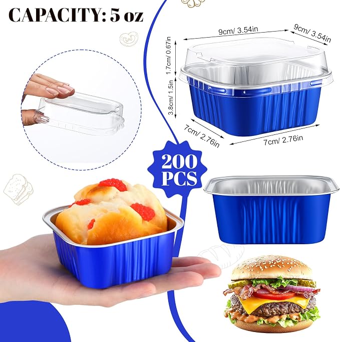200 Pack 5 oz Mini Cake Pans with Lid, Aluminum Foil Mini Baking Tins, Square Disposable Cupcake Baking Cup Dessert Container for Wedding Birthday Party Picnic(Dark Blue,Classic)