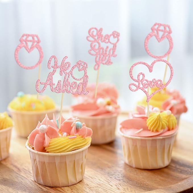 Gyufise Pink 24Pcs He Asked She Said Yes Cupcake Toppers Diamond Ring Heart Cake Picks for Wedding Engagement Party Cake Decorations