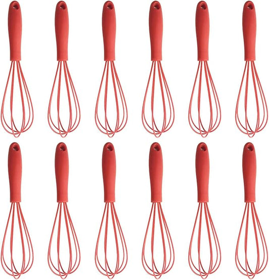 Compact Silicone Whisk (6.7 Inch), 12 Pack Portable Mini Balloon Mixer Egg Beater, Manual Handheld Milk Frothers, Household Egg Blender Small Silicone Egg Whisks for Cooking (Red)
