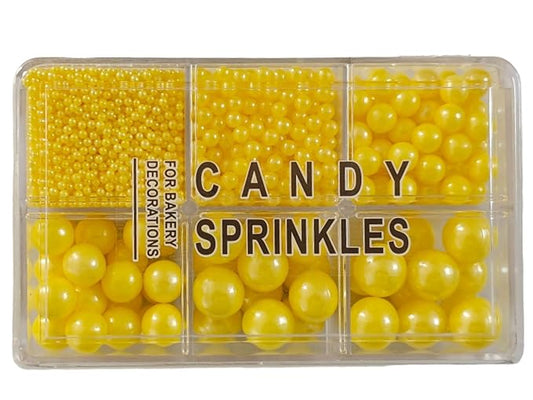 5 Sizes Edible Yellow Pearls Sugar Sprinkles 130g/4.6oz, 2,4,7,10,12mm Candy Pearl for Cake Decorating and Cupcake Toppers Cookie Decorations Ice Cream Topping Wedding Valentines Halloween Christmas