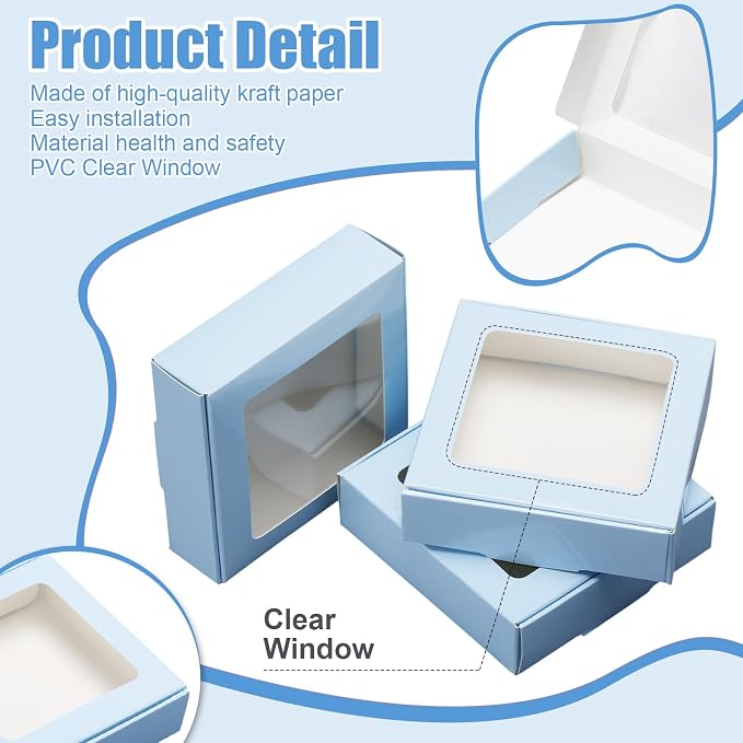 Zonon 60 Pcs Kraft Paper Boxes with Window 4.13 x 4.13 x 1.18 Inch Candy Packaging, Small Gift Boxes, Soap holder, Mini Treat Packaging for Bakery Chocolate Jewelry Display (Blue)