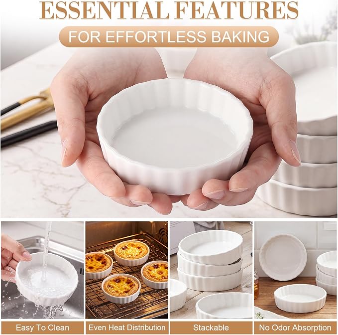 Hushee 10 Pack 5 Oz Creme Brulee Ramekins, Ceramic Brulee Souffles Dishes, Wave Round Pie Pan Mini Fluted Quiche Dishes for Dessert, Pie, Tart, Oven Microwave Dishwasher Safe, White