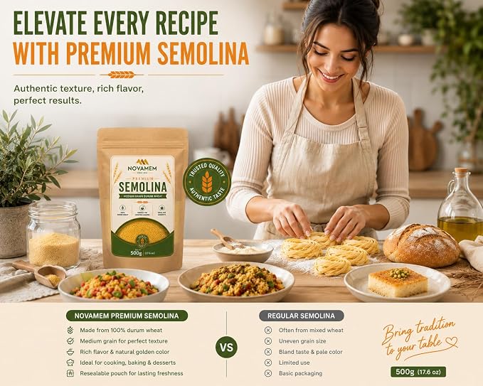 Premium Semolina Flour, Authentic Turkish Durum Wheat for Pasta, Couscous, Baking & Traditional Desserts, Freshness-Sealed Pouch, 500g (17.6 oz)