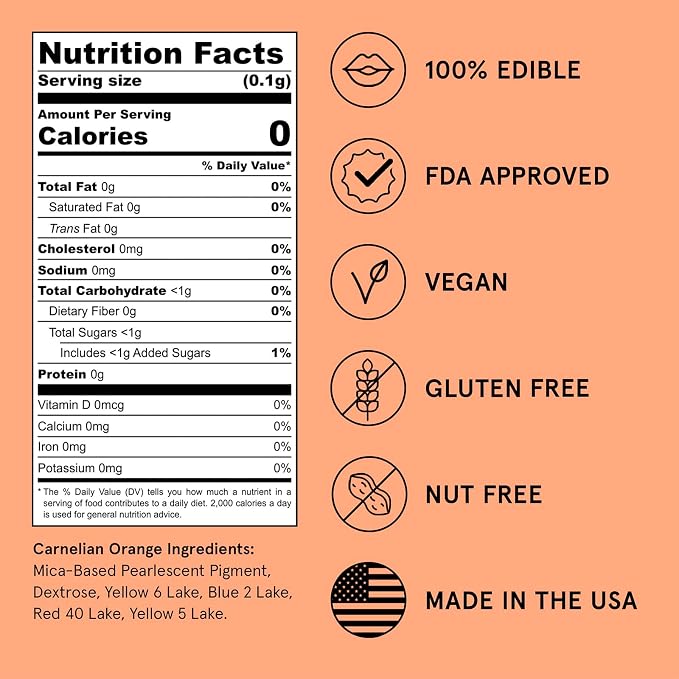 Fancy Sprinkles Carnelian Orange Edible Glitter | Luster Dust for Drinks, Cocktails & Cake Decorating | Vegan, Gluten Free, Non-GMO | Made in USA | 4gm