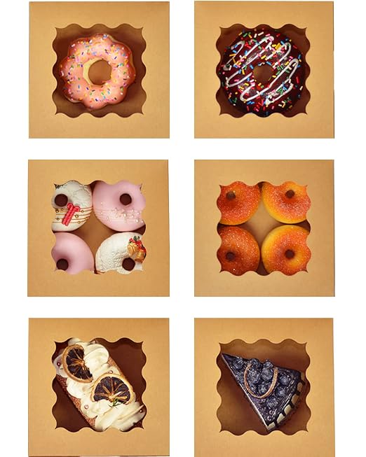 Bakepacker 100pcs Brown Cookie Boxes 6x6x3 inches Easy Assemble Macaroon Pastry Boxes Bakery Boxes with Window for Bakery