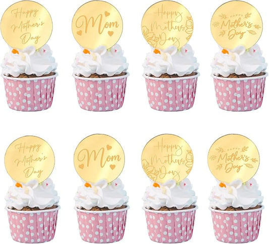 20pcs Gold Happy Mothers Day Cupcake Toppers Mirror Acrylic Mom Cake Disc for Mothers Day Cake Decorations DIY Gift Flower Bouquet Decor