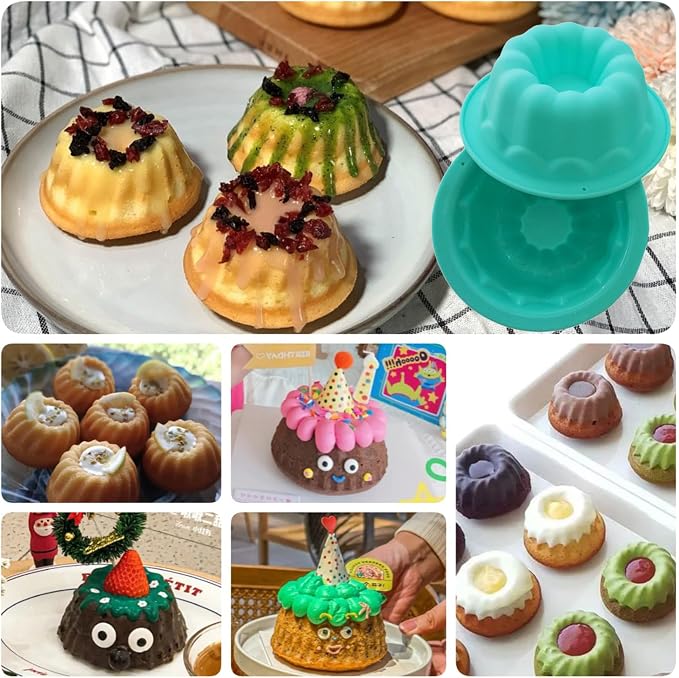 Silicone Small Fluted Cake Pans 4 Inch, Nonstick Baking Mold Pumpkin Shape, Reusable Round Mini Cake Pan Set, Individual Muffin Donut Pan for Cupcake, Jelly, Brownies- 6pcs, Green