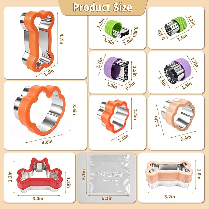 KickFry Dog Cookie Cutter Set,Stainless Steel Dog Treat Biscuit Cutters with Plastic Protective Covers, Assorted Sizes Bone Paw Print Puppy Shapes,Molds for Homemade Treats,Fruit & Snack (10 PC)