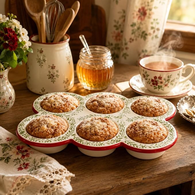 Hiceeden 2 Pack Ceramic Muffin Pans, 6 Cup Non-Stick Muffin Tin Cupcake Pan, Floral Baking Pans with Red Rim for Puddings, Muffins, Cakes, Quiches, Brownies