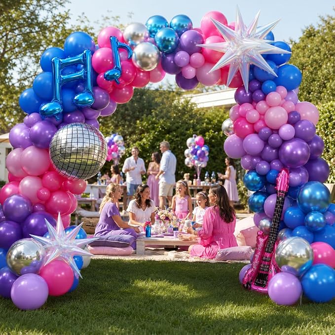 Kpop Music Balloon Garland Arch Kit, Pastel Hot Pink Metallic Blue Purple Silver Balloons Disco Ball Guitar Music Note Exploding Star Foil Balloon for Girls Music Prom Fans Birthday Party Decorations