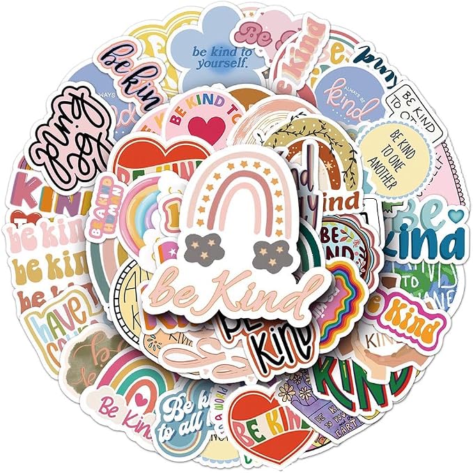 Be Kind Stickers |50Pcs Friendly Waterproof Vinyl Decals | Removable Resuable Sun-proof Peel and Stick for Water Bottles Laptop Luggage Cup Computer Mobile Phone Skateboard Decoration