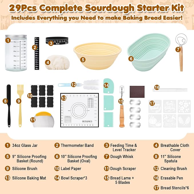 HK Sourdough Starter Kit with 9" Round & 10" Oval Banneton Proofing Basket and 34oz Starter Jar - Beginner-Friendly Sourdough Bread Baking Supplies and Baking Gifts for Women, Men, and Bread Bakers