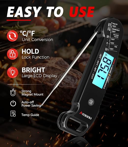Atogou Professional Meat Thermometer Digital for Cooking Food, <1 Sec Instant Read & ±0.5℉ Accuracy, IP67 Waterproof, Thermocouple Sensor Probe, for Kithchen, BBQ, Grill, for Men Him Dad, Black