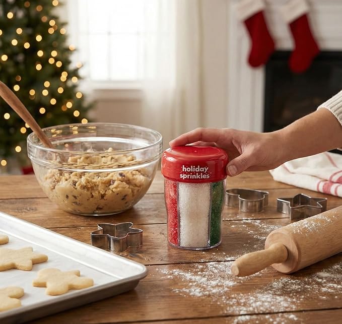 Holiday Sanding Sugar 3-Cell Bottle - Red, Green & White Christmas Decorating Sugar Crystals – 9.7oz Sparkling Baking Sprinkles for Cookies, Cupcakes, Gingerbread, Cakes & Holiday Treats