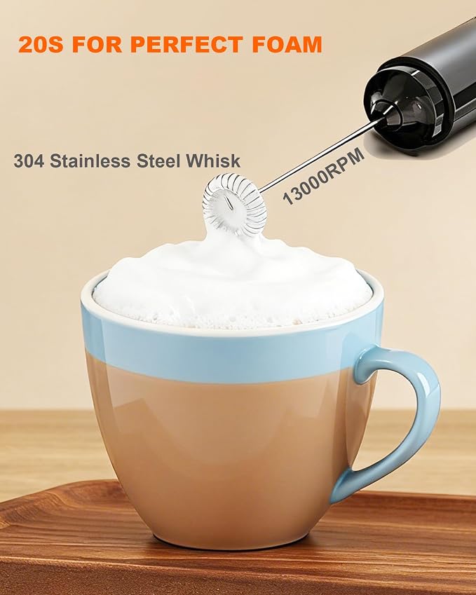 Rechargeable Milk Frother Handheld with Cover, Electric Drink Mixer with Stainless Steel Whisk - Portable Hand Frother Wand for Matcha Latte Cappuccino & Hot Chocolate, Single Speed