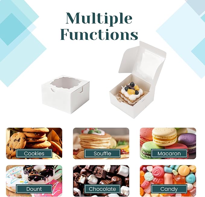 NPLUX 50pcs Cookie Boxes with Window Bakery Boxes Small Treat Boxes Small Cake boxes Mini Pie Boxes Pastry Boxes Candy Sweets Boxes 4x4x2.5in, Graduation Gifts Party Favors(White)