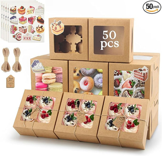 OAMCEG 50 Pack Cupcake Boxes with Window, 6x6x3 Inches Cookie Boxes, Bakery Treat Boxes for Pastry, Desserts, Chocolate Strawberries, Cupcake Containerss, Gift Giving with Stickers & Twine（Brown）