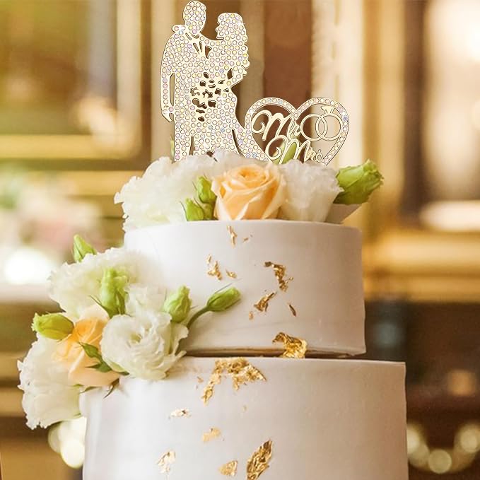 Jaciya Wedding Cake Topper AB Crystal Rhinestone Metal Mr and Mrs Cake Topper Bride and Groom Bridal Shower Party Gold Wedding Decorations Supplies