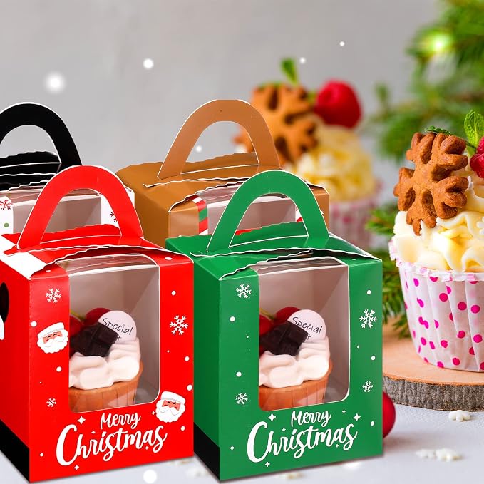 TaoBary 24 Pcs Christmas Cupcake Boxes Xmas Individual Cupcake Box Christmas Cookie Boxes with Window Insert Handle Muffin Pastry Holder Bakery Treat Box for X-mas Party(Snowman)