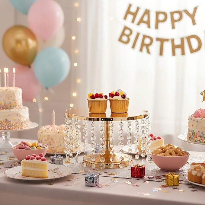 Cake Stand for Dessert Table 10 Inch Gold Crystal Pendants Metal Cake Stand Serves as A Round Dessert Cupcake Display Plate for Table, Wedding, Party, Event