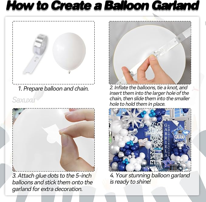 Blue Silver Graduation Balloon Arch, Blue Silver White Balloons Garland Kit, Star Foil Balloons Navy Metallic Blue Balloon For Graduation Birthday Anniversary Bachelorette Party Wedding Decorations
