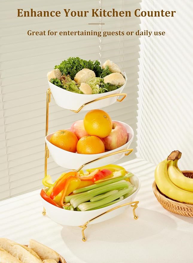 Fruit Bowls for Kitchen Counter, 3 Tier Ceramic Fruit Basket with Serving Bowls Metal Stand, Tiered White Porcelain Bowls for Fruit Vegetable Storage, Snack, Nuts, Cake, Dessert