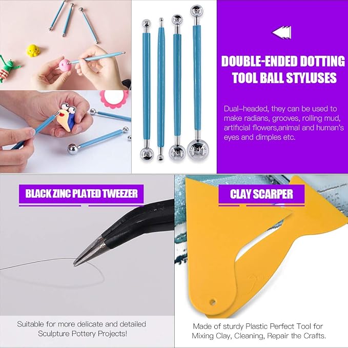 Swpeet 24Pcs Modeling Clay Sculpting Tools Kits, Painting Brush, Wooden Dotting Tools, Ball Stylus Tool, Plastic Ball Rod Stylus Modeling Tools, Clay Roller, Clay Scarper for Modeling Clay