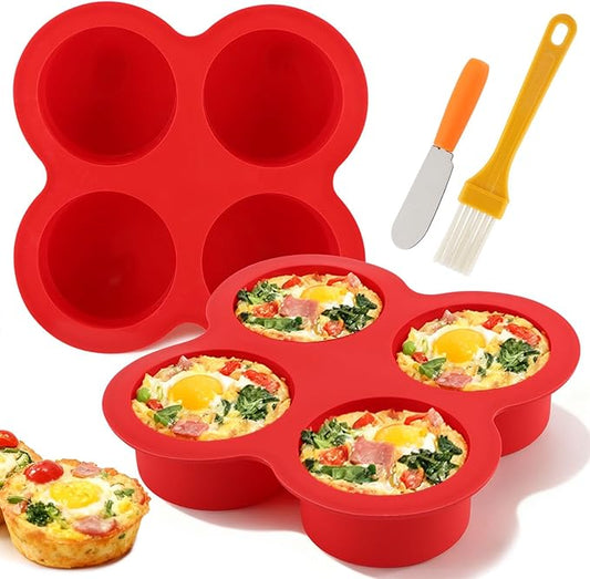 2 Pack Air Fryer Egg Bite Molds, 4 Cups Mini Round Muffin Pans, Silicone Egg Bite Molds with Spreader＆Oil Brush Nonstick Air Fryer Baking Pan for Cupcake, Muffin, Tart, Frittata, Quiche