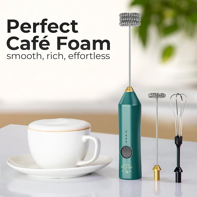 Zulay Kitchen Rechargeable Milk Frother Handheld - Frother Wand, Drink Mixer, Electric Whisk Frother, for Cappuccinos, Matcha & Protein Powder - Dynamic 3 Whisk, 3 Speed 500mAh Green Gold