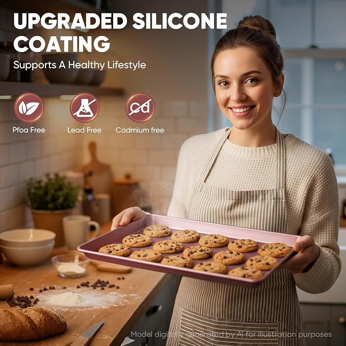 Sakerplus Nonstick Baking Sheet Pan Set of 3, Heavy Duty Cookie Sheets for Oven with Stripe Texture Pattern, 0.6mm Thick Quarter/Half/Jelly Roll Pans, Rust-Resistant & Easy Clean (Pink)