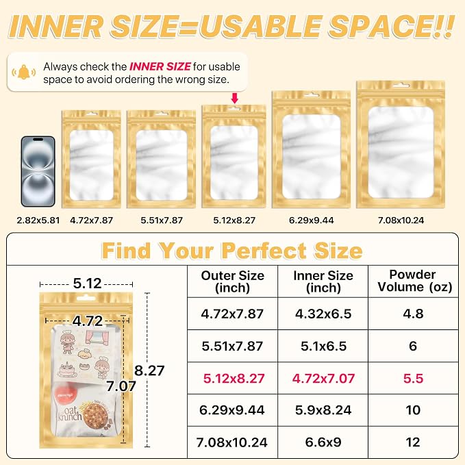 ANZNKU 100 PCS Multicolor Resealable Mylar Bags with Zipper and Frosted Clear Window Packaging Bags Self Sealing Bag for Food Jewelry Storage Supplies (5.12x8.27)