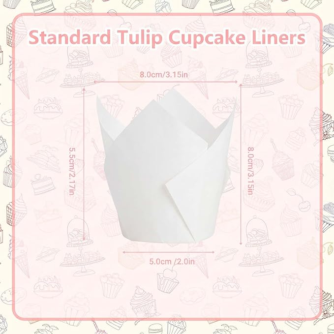 200 Pcs White Tulip Cupcake Liners for Baking, Standard Size | Standard Greaseproof Tulip Muffin Liners for Baking, 3oz White Paper Cupcake Wrappers for Party Wedding Birthday